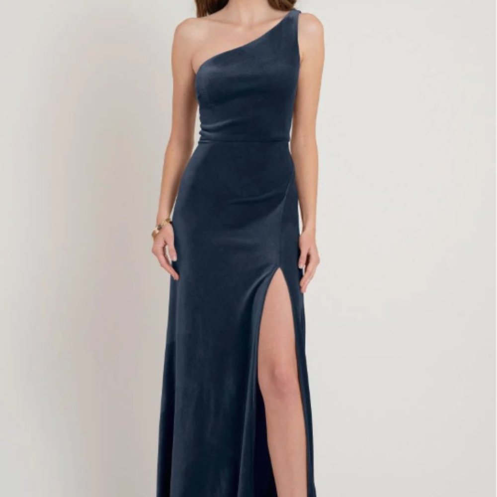 Jenny Yoo One Shoulder French Blue Velvet Dress